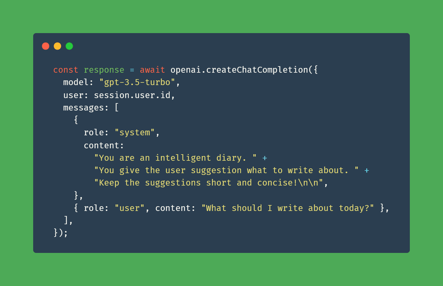 A code snippet to create a chat completion with the OpenAI API SDK