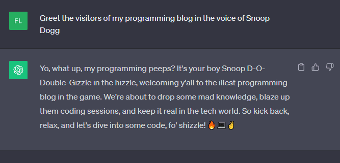 ChatGPT greeting the visitors of my blog in the voice of Snoop Dogg